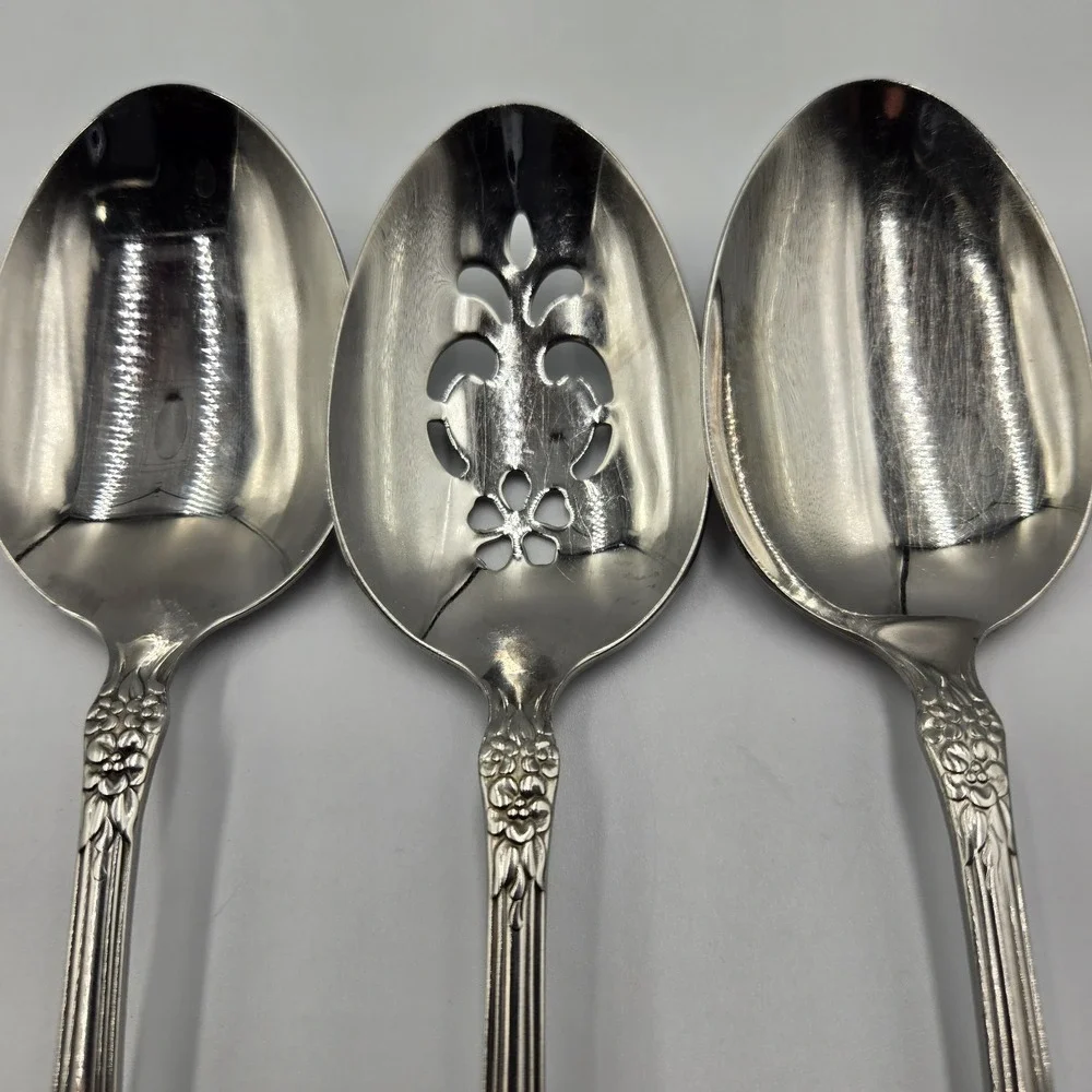 Vtg Oneida USA Canada Wordsworth Brahms Flatware Rose Daisy 3 Serving Spoons Exc